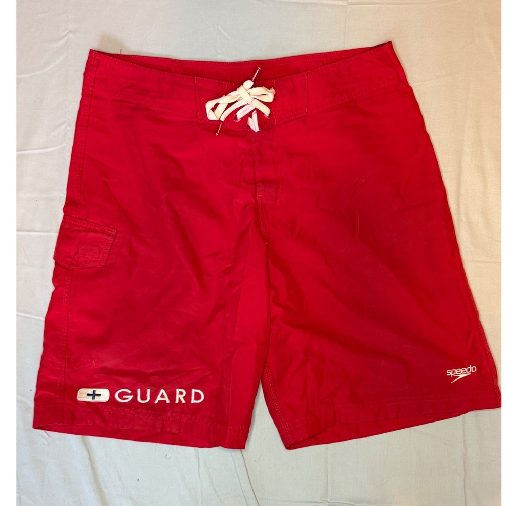 Y2K Speedo Lifeguard Board Shorts Mens 33 Red Guard Swim Trunks Beach Surf Cargo